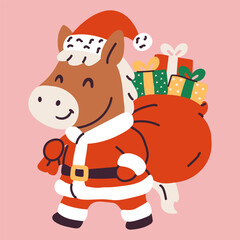 Cartoon Horse Dressed as Santa with Holiday Presents