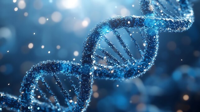 Close up of a blue dna strand with bokeh lights in the background and a dark blue gradient effect - Powered by Adobe