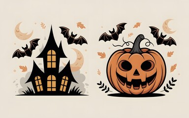 Halloween vector icons collection with pumpkin bats moon and autumn leaves