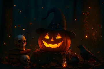 Spooky carved pumpkin with witch hat glowing in misty forest clearing