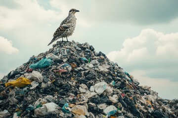 A solitary bird perches atop a towering refuse pile.