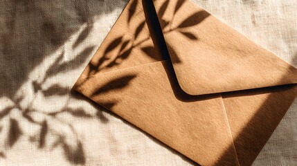 Brown paper envelope casting leaf shadows on a textured surface.