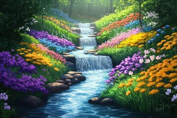 Colorful cascading stream through a vibrant flower garden.