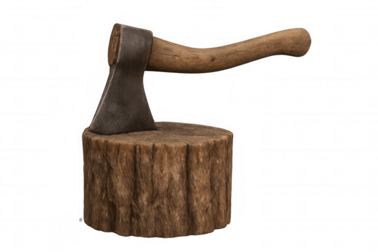 Axe blade chopping into rustic tree stump with wooden handle on transparent background, symbolizing logging work