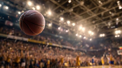 Basketball suspended in air against a blurred background of an arena with spectators