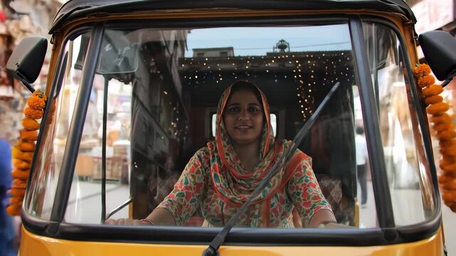 A smiling indian woman driving a decorated auto rickshaw through a bustling street, showcasing vibrant culture and transportation in india diwali