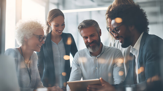 Collaborative Synergy: A group of professionals engage in a brainstorming session, their expressions reveal focus, teamwork and shared vision. They are using a tablet.