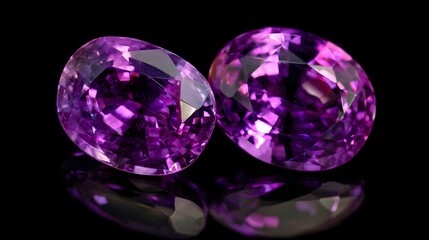 Fototapeta premium Two faceted oval purple gemstones sparkle on black.