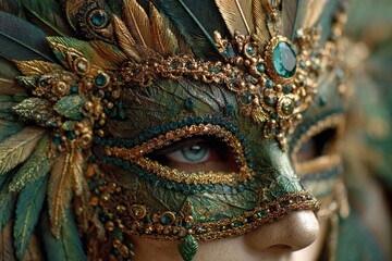 Teal venetian mask with feathers and jewels rests on a gray surface ready for a costume party or masquerade ball in Venice
