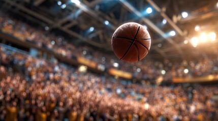 Basketball soars mid-air above cheering crowd in a brightly lit indoor stadium arena