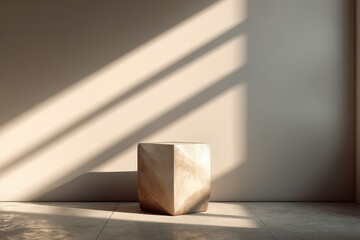 Sunlight illuminates block sculpture and vase with dried flowers on a textured floor and against a rough concrete wall