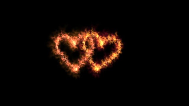 Two flaming Valentine love hearts burn passionately on black screen overlay