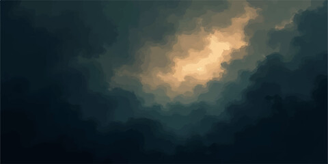 Abstract textured background with dramatic golden light breaking through dark moody clouds and atmospheric fog