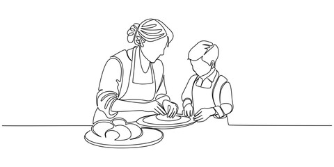 Mother and son cooking , line art vector illustration