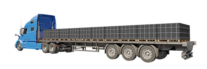 Brick delivery blue truck. Orthographic rear view shown at 45 degree angle, isolated on transparent...
