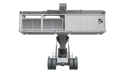 Front view of a Reach Stacker transporting industrial machinery, isolated on a transparent background. 3D illustration.