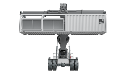 Front view of a Reach Stacker transporting industrial machinery, isolated on a transparent background. 3D illustration.