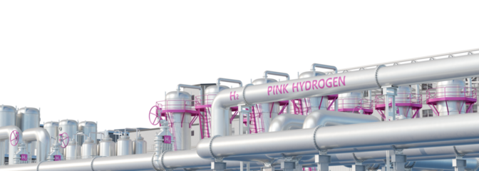 Pink Hydrogen production plant, isolated on transparent background. Pink Hydrogen produced using a electrolysis of water powered by electricity from nuclear power plants. 3D illustration