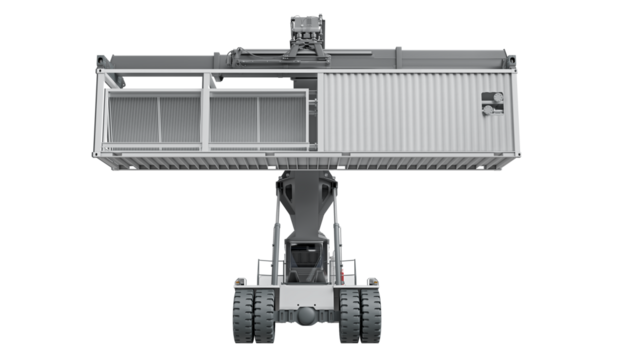 Front view of a Reach Stacker transporting industrial machinery, isolated on a transparent background. 3D illustration.