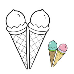 Two ice cream cones side by side, each topped with swirled scoops in different colors. Crisp waffle textures and fun details make this a cheerful coloring page for all ages.
