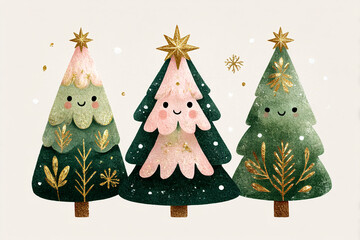 Festive Tree Trio. Three cartoon Christmas trees with gold decorations