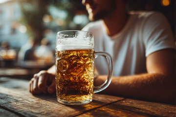 Beer in Sunlit Pub. Close-up of a beer mug on a wooden table with a blurry figure