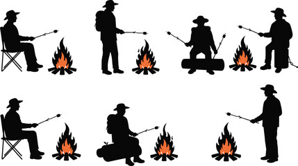 Campfire Silhouettes, People Roasting Marshmallows Over Burning Bonfire, Camping Adventures, Outdoor Recreation, Black Silhouette Vector, Hiking, Summer Evening.