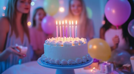 A birthday cake with candles surrounded by friends at a party with balloons and soft lighting