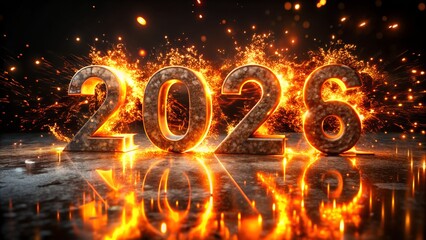 A fiery celebration of the year 2026 with sparks and reflective surface