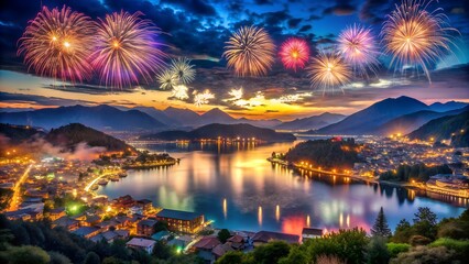 Colorful fireworks over a tranquil lake and town at sunset with mountains
