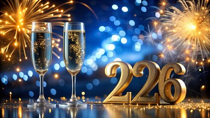 Two champagne glasses celebrate the new year 2026 with fireworks display