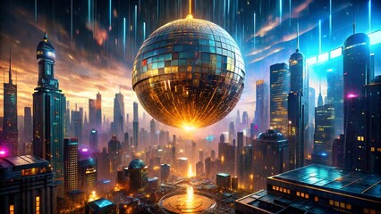 Futuristic city with a giant disco ball floating above the skyline at night