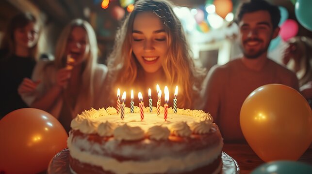 A woman blowing out candles on a birthday cake with friends and balloons celebrating party time