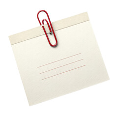 Red paperclip holding a blank note isolated on transparent background