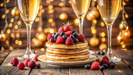 Stack of pancakes with berries and champagne glasses for celebration