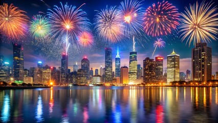 Fireworks over city skyline at night reflecting on water surface