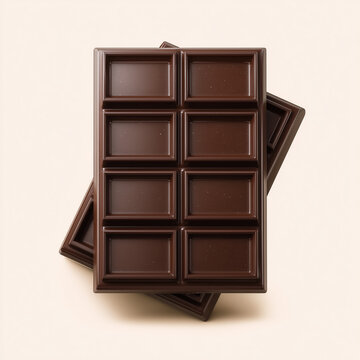 Two dark chocolate bars are stacked neatly on a light, smooth surface. The rich, glossy texture of the chocolate highlights its quality and appeal. Perfect for indulgence.