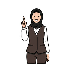 Confident Muslim businesswoman presents idea, pointing up, dressed professionally