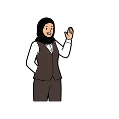Friendly muslim businesswoman waving hello, ready to assist with professional service