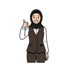 Cheerful businesswoman wearing hijab gives thumbs up for success and approval