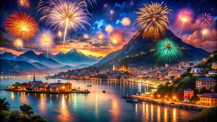 Fireworks illuminate the sky over a tranquil lake and a charming town