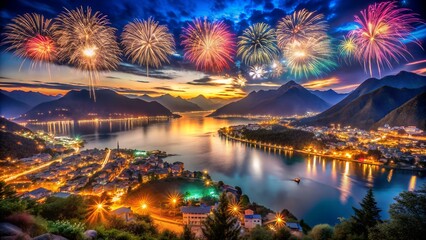 Spectacular fireworks display over a lake and town at night, creating magic