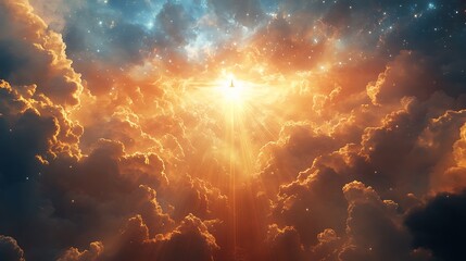 Radiant light piercing through dramatic clouds in a celestial skyscape with stars above