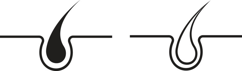 Hair care black flat and outline icon set. Scalp follicle structure illustration, dermatology and trichology medical symbols, beauty treatment and hair growth vectors designs. Cosmetic health concept.