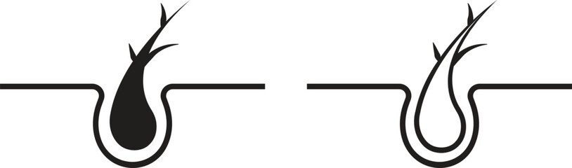 Hair care black flat and outline icon set. Scalp follicle structure illustration, dermatology and trichology medical symbols, beauty treatment and hair growth vectors designs. Cosmetic health concept.