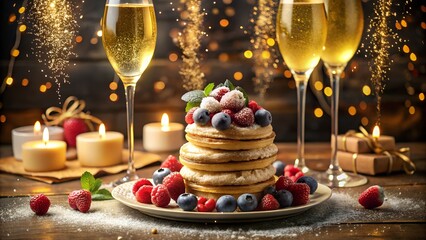 Festive pancake stack with berries and champagne for a celebratory occasion