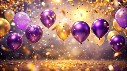 Festive purple and gold balloons with confetti for a party celebration