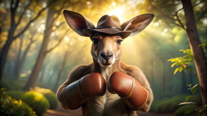Boxing kangaroo wearing hat and gloves in a forest with sunlight