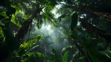 Immerse yourself in a vibrant jungle canopy, sunlight filters through lush green leaves for an enchanting, calming, and exotic natural background