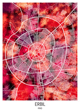 Erbil Iraq City Downtown Street Map. Watercolor abstract painting modern urban travel art downtown landmarks artwork
